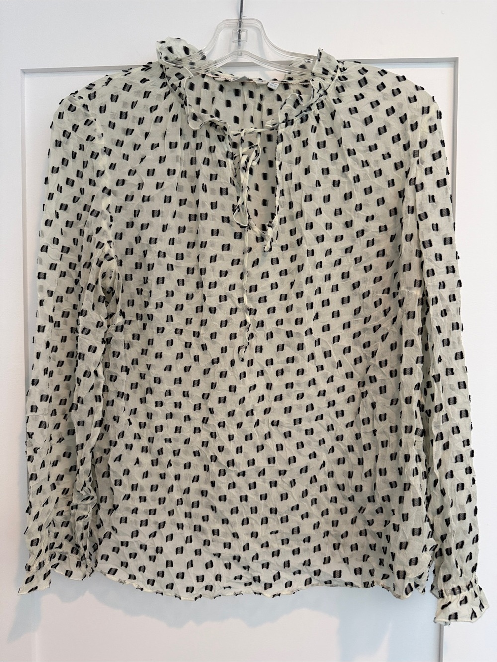 Boden Retro Women’s Cream Long-Sleeve Ruffled Neck Blouse with Black Dot Print